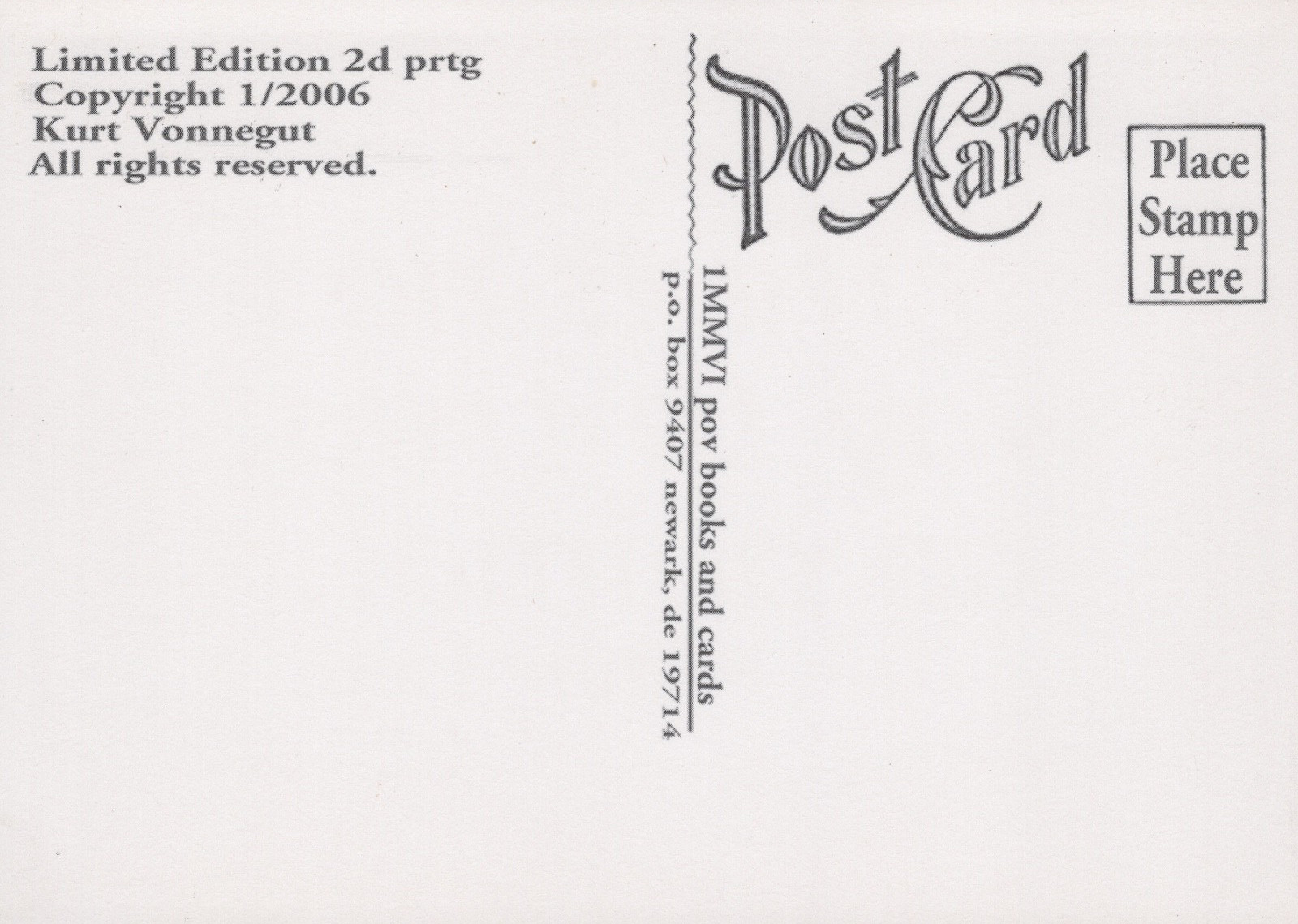 RARE Limited Edition Kurt Vonnegut Postcard – From Asa Pieratt Collection