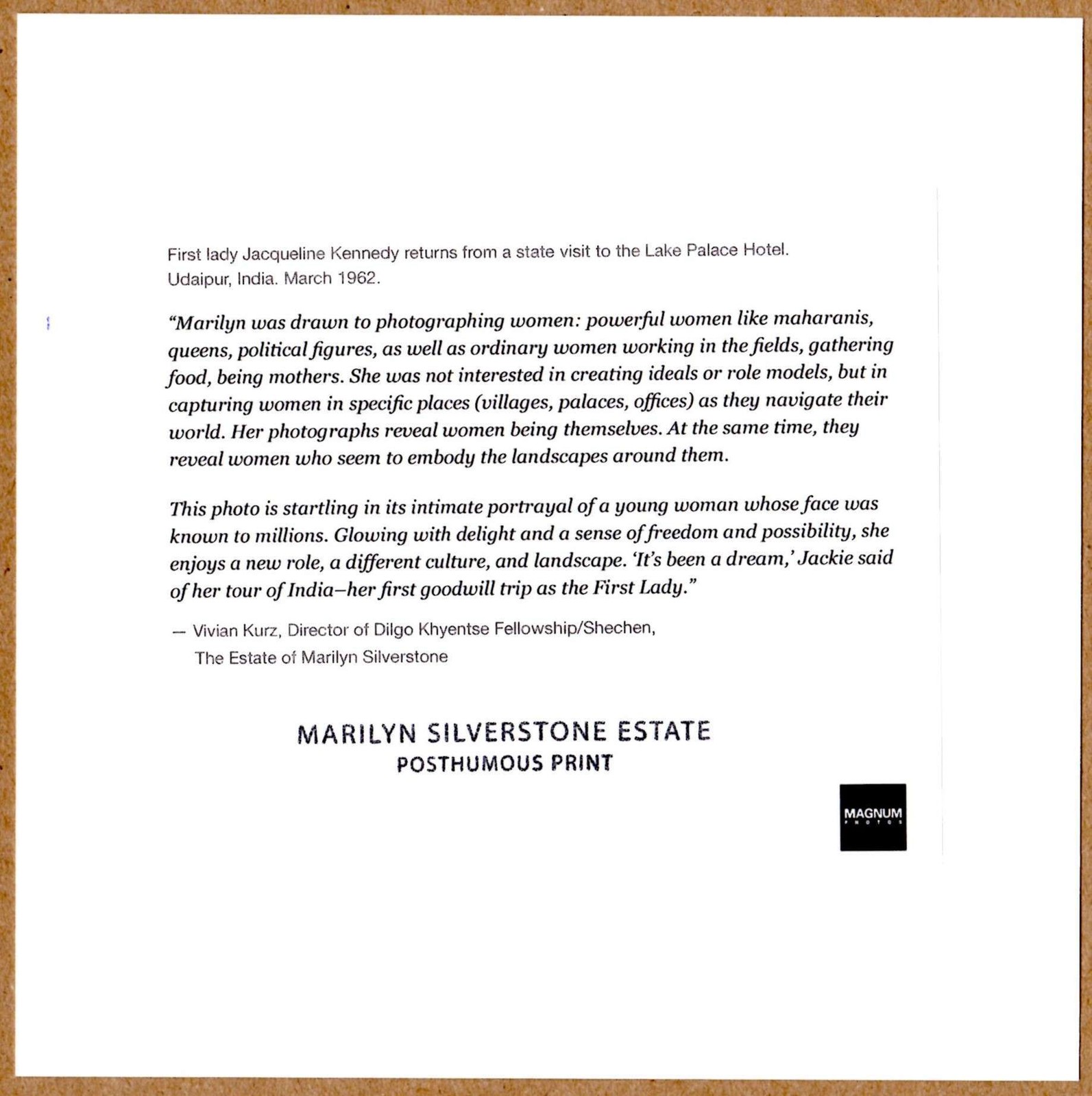 ESTATE STAMPED MARILYN SILVERSTONE JACQUELINE KENNEDY INDIA 1962 6x 6 MAGNUM