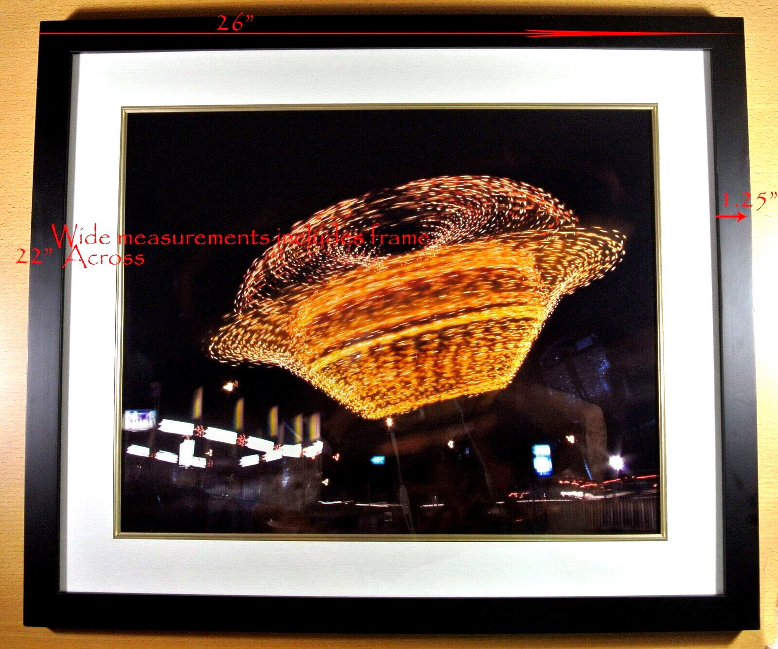 Art Print Photo Night Photography Custom Glass Frame Mat Carnival Ride 26″ x 22″