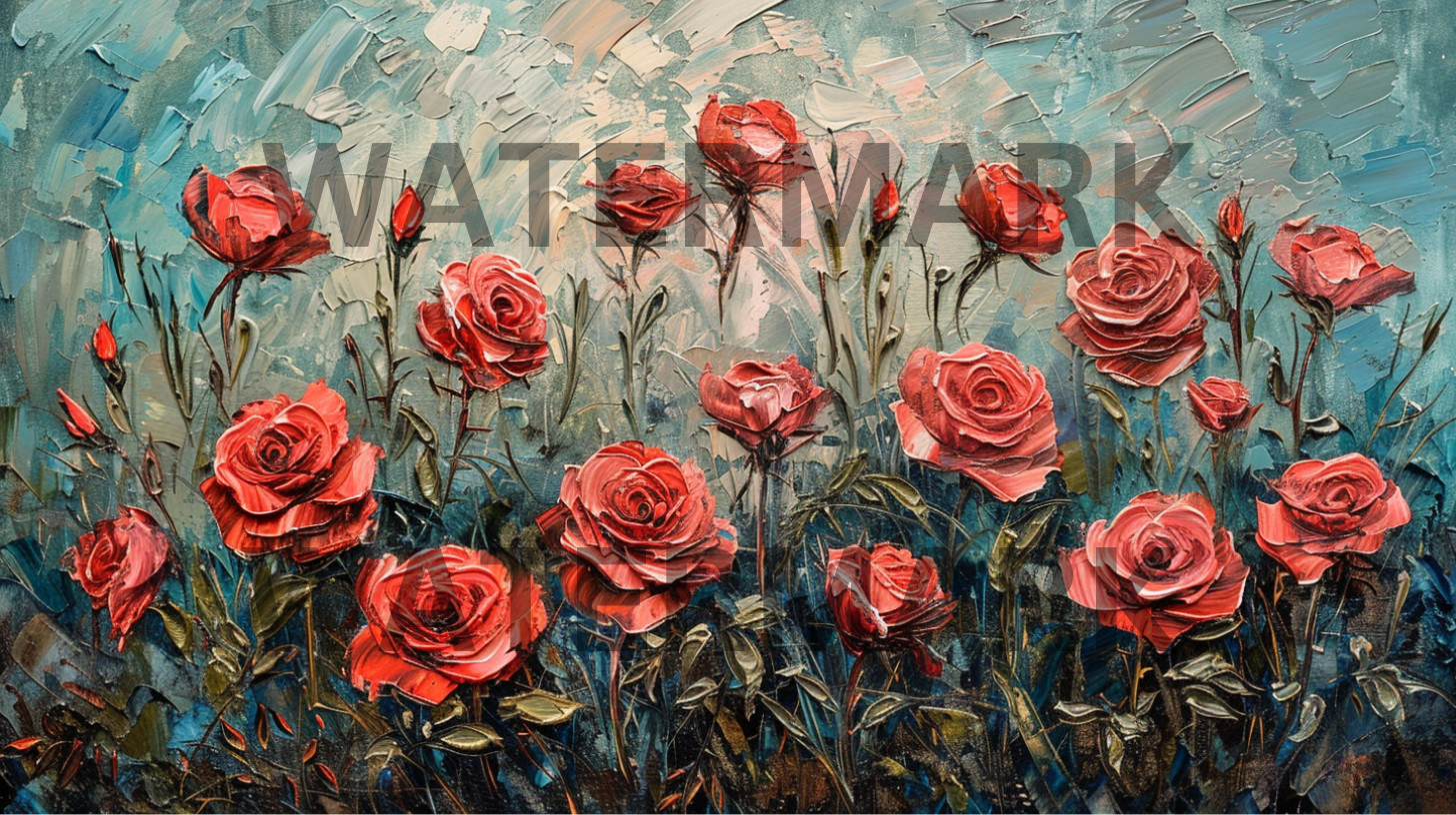 Digital Photo Image Oil Painting Field with Red Roses Picture Art Wallpaper