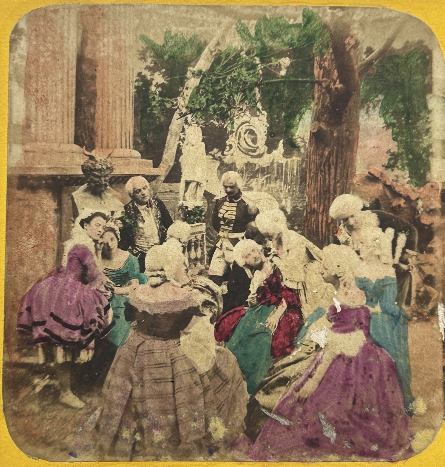 Artistic Genre Scene In The Park c1860 Stereo Photo Vintage Album Worn