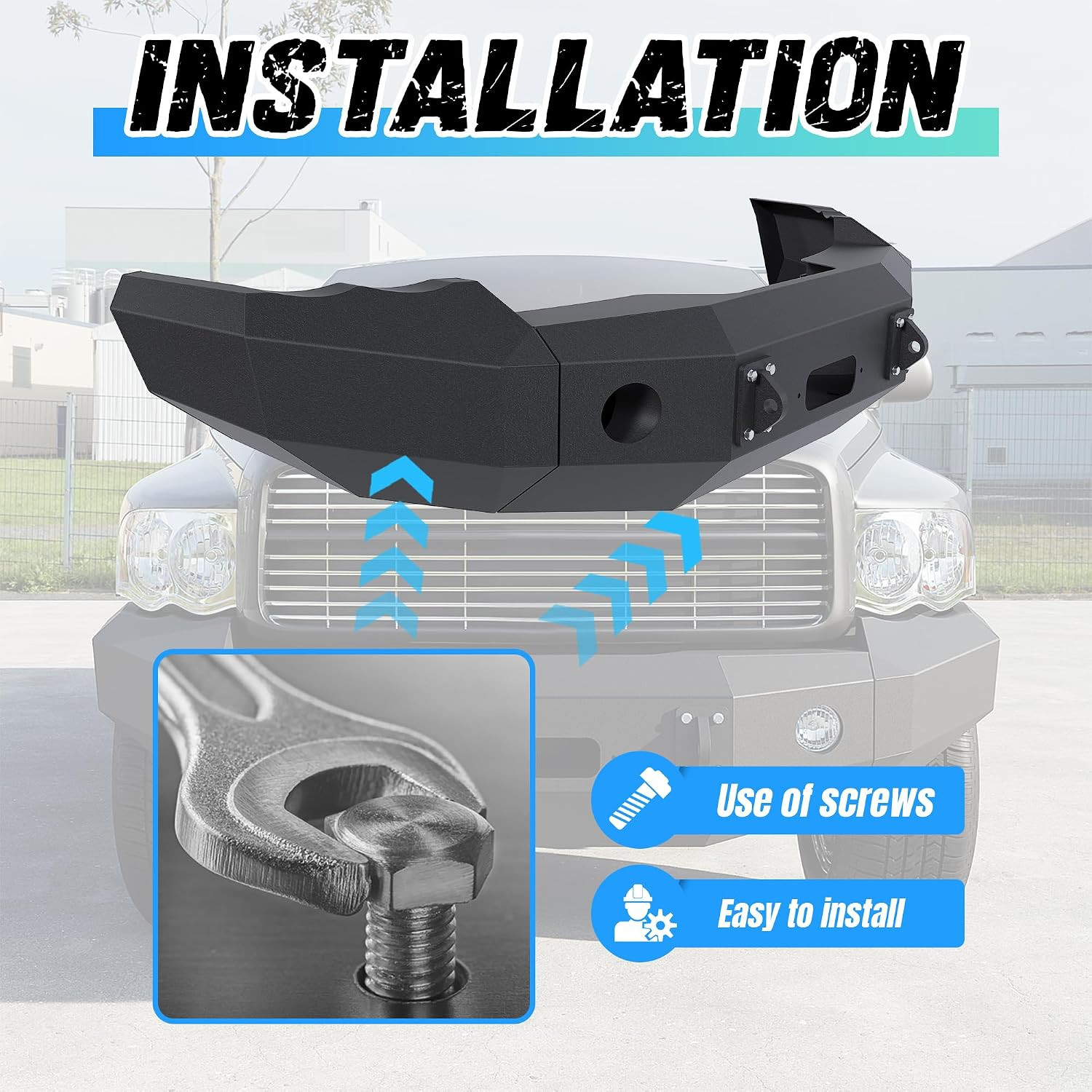 Front Bumper Compatible with 2002 2003 2004 2005 Dodge Ram 1500 W/Winch Plate &