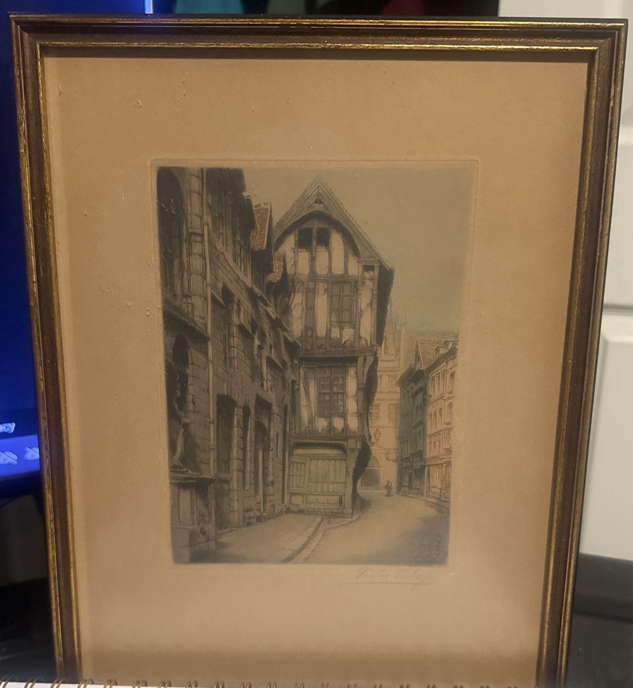 Antique Framed Colored Etching Street View Signed By Victor Valery French Artist