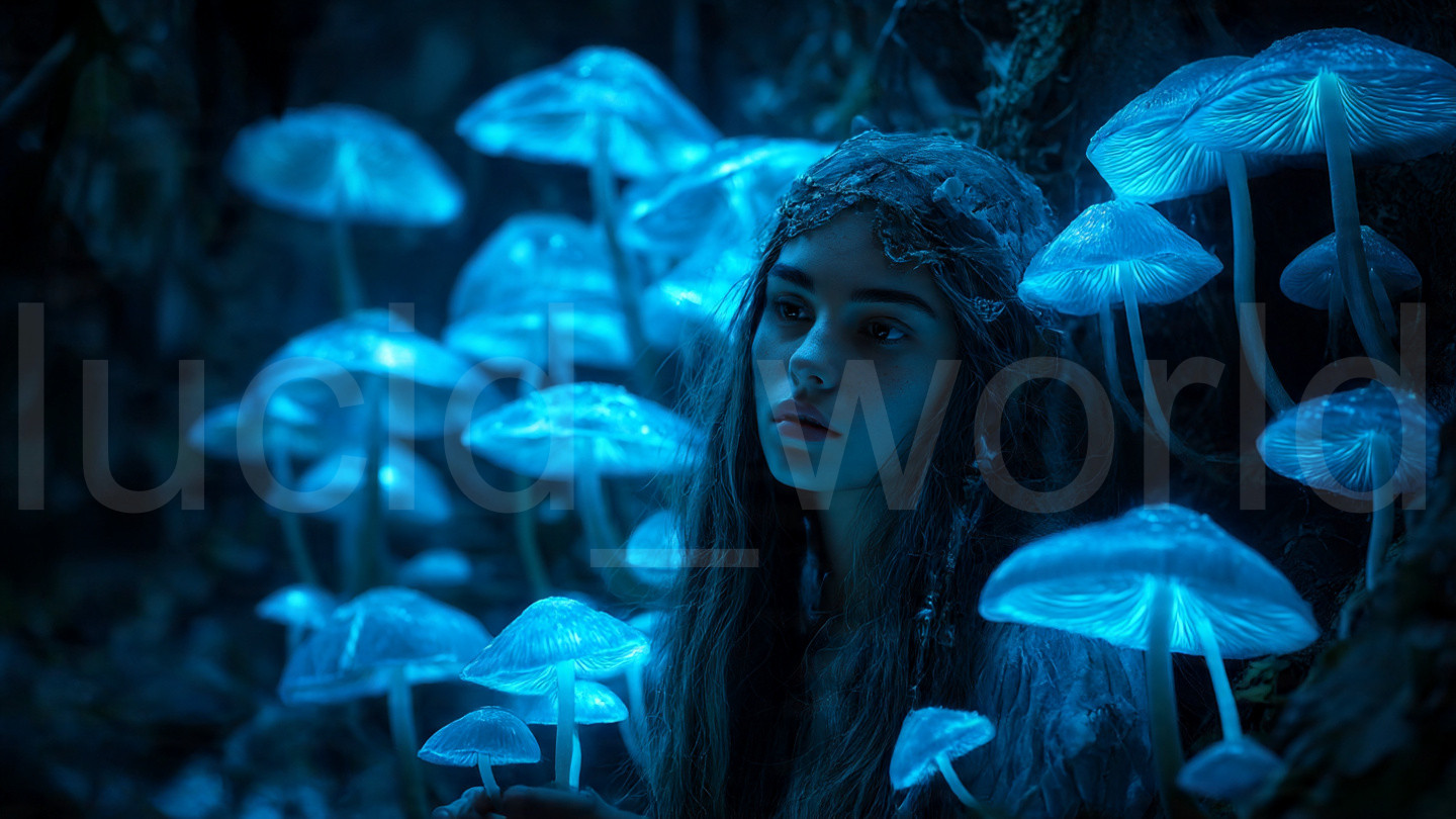 Dark Fantasy Ai Art Blue Glowing Mushrooms Mystic Woman Digital Image Download