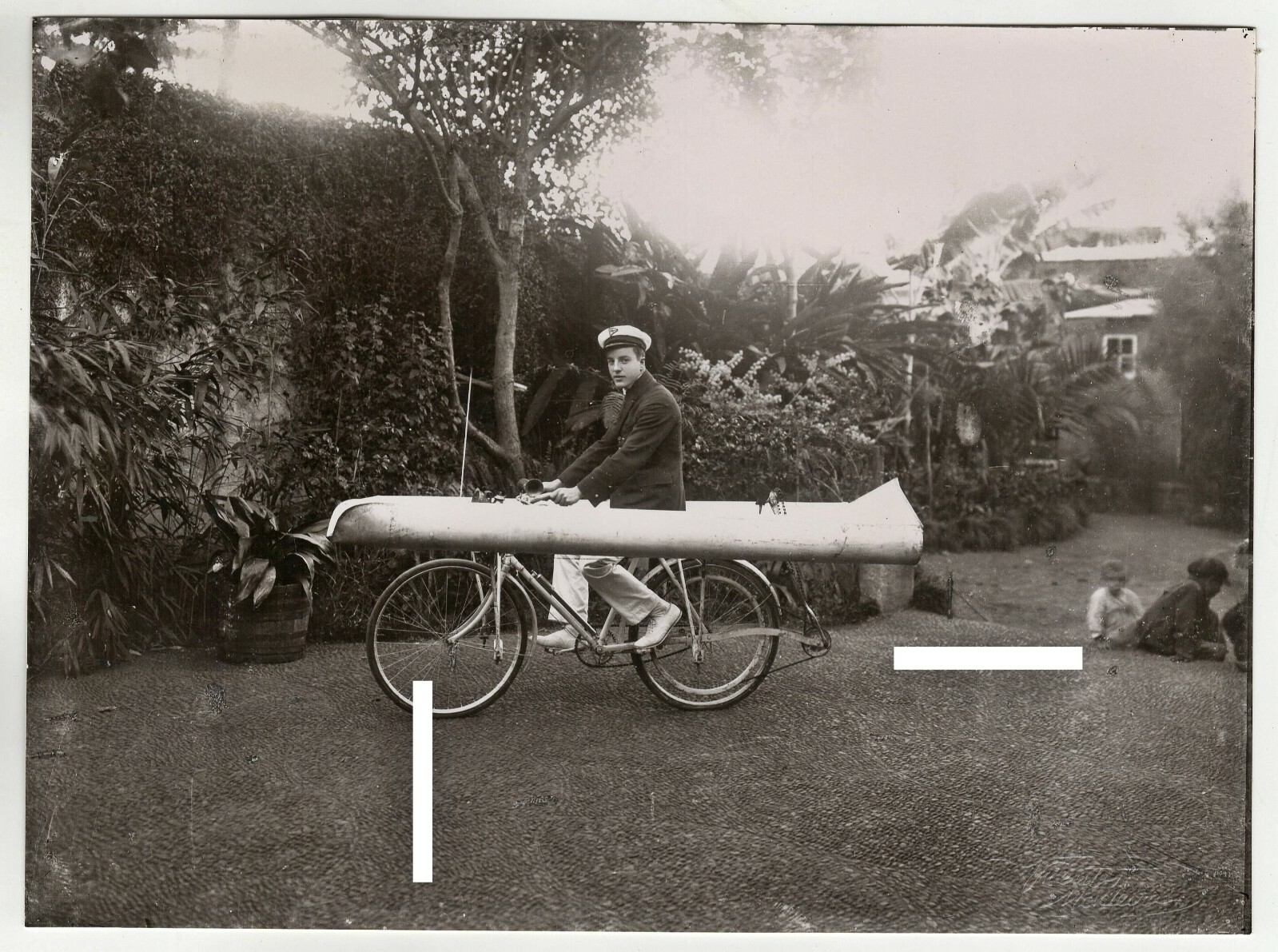 23x17cm Photo 1920s Print 1980s Museum Madeira Man with Water Bike Photo