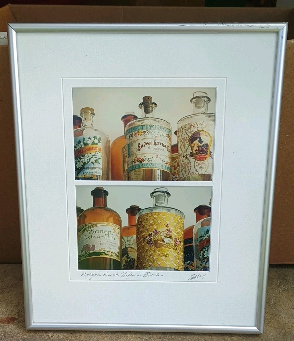 MADELINE GRAY Signed 2 Photographs Perfume bottles Matted Silver Framed 13×10.5″