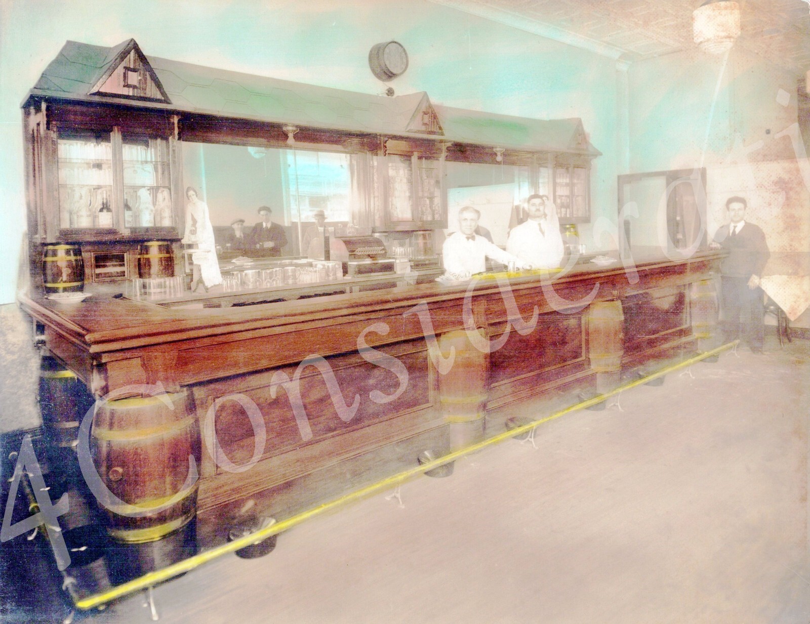 1930s NYC Bar Counter Hand tinted Sepia Photo Printed on Heavy linen paper