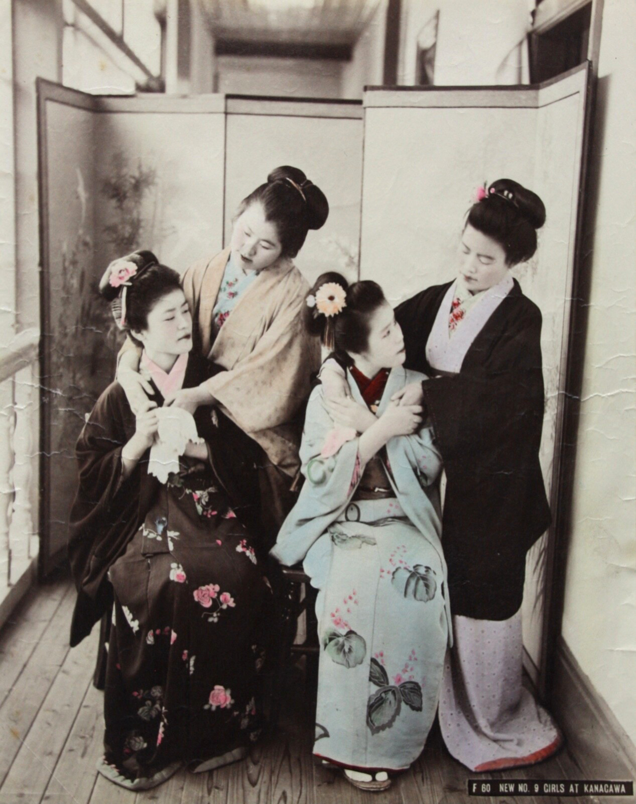 T. Fukasawa, Hand Colored Vintage Album Print, Four Geishas, Japan 1860-1890