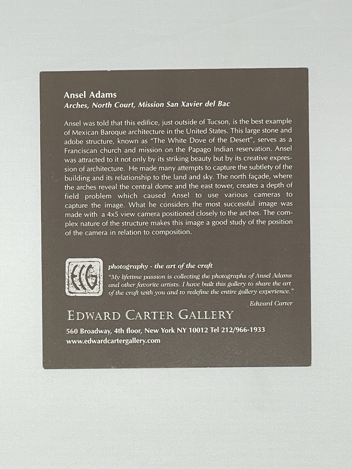 Ansel Adams – Arches N. Court, Mission San Xavier del Bac – Announcement Card