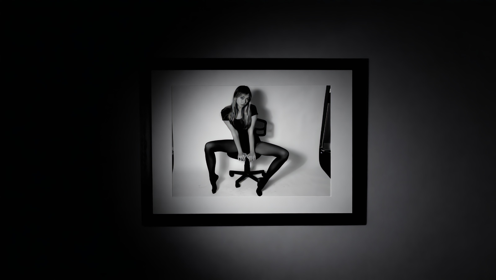 20 x 16 BW Photo Print Model Black Leotard Opaque Tights Office Chair