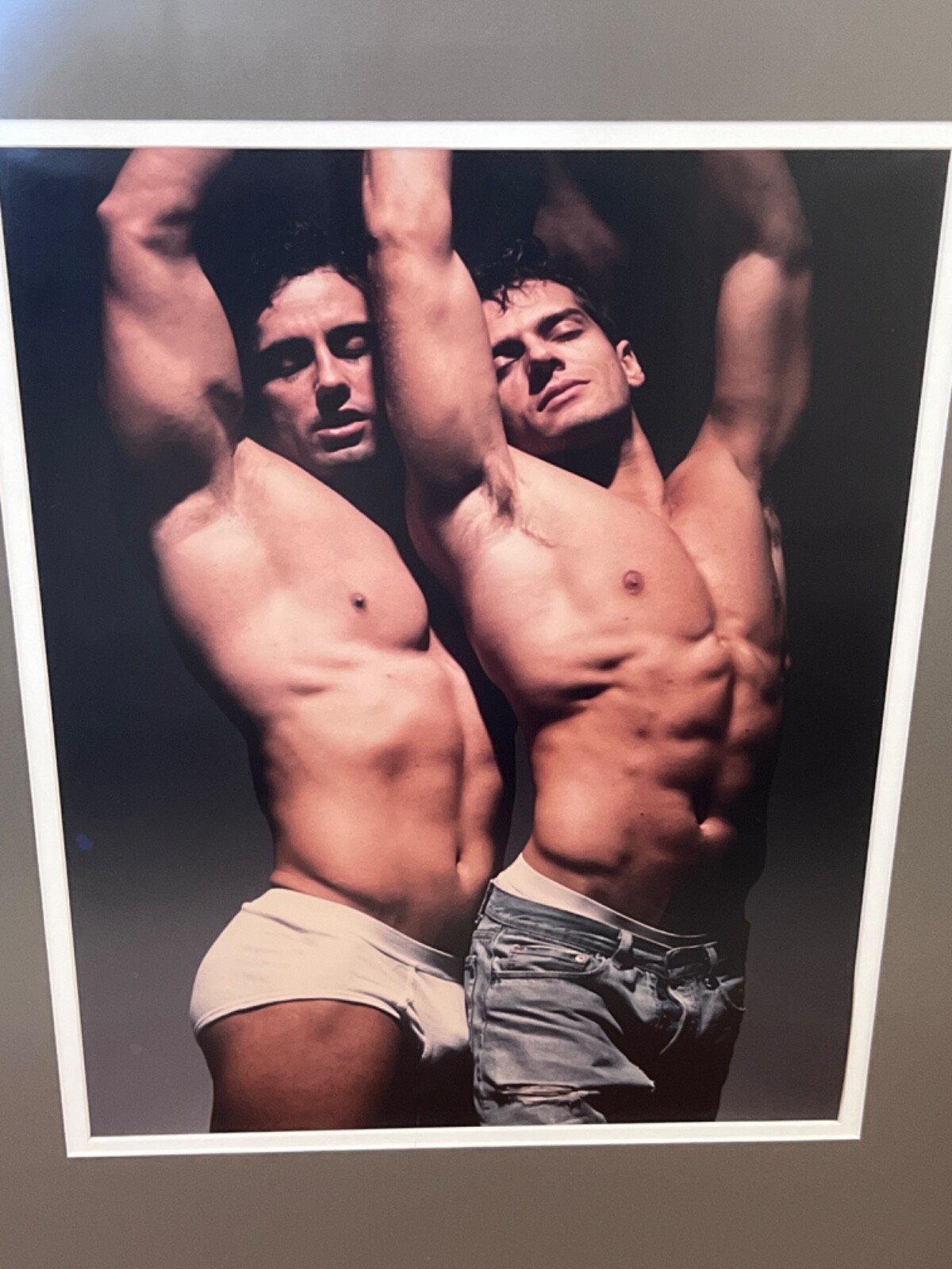 2 SEMI NUDE MUSCULAR GAY MEN COLOR PHOTOGRAPH FRAMED