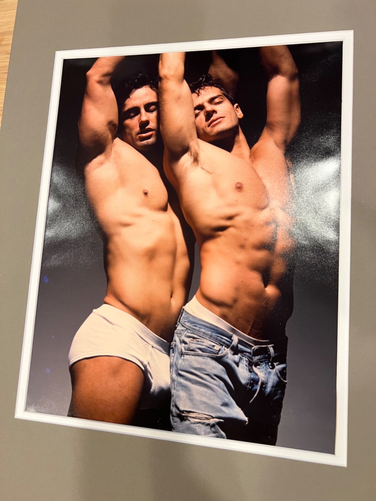 2 SEMI NUDE MUSCULAR GAY MEN COLOR PHOTOGRAPH FRAMED