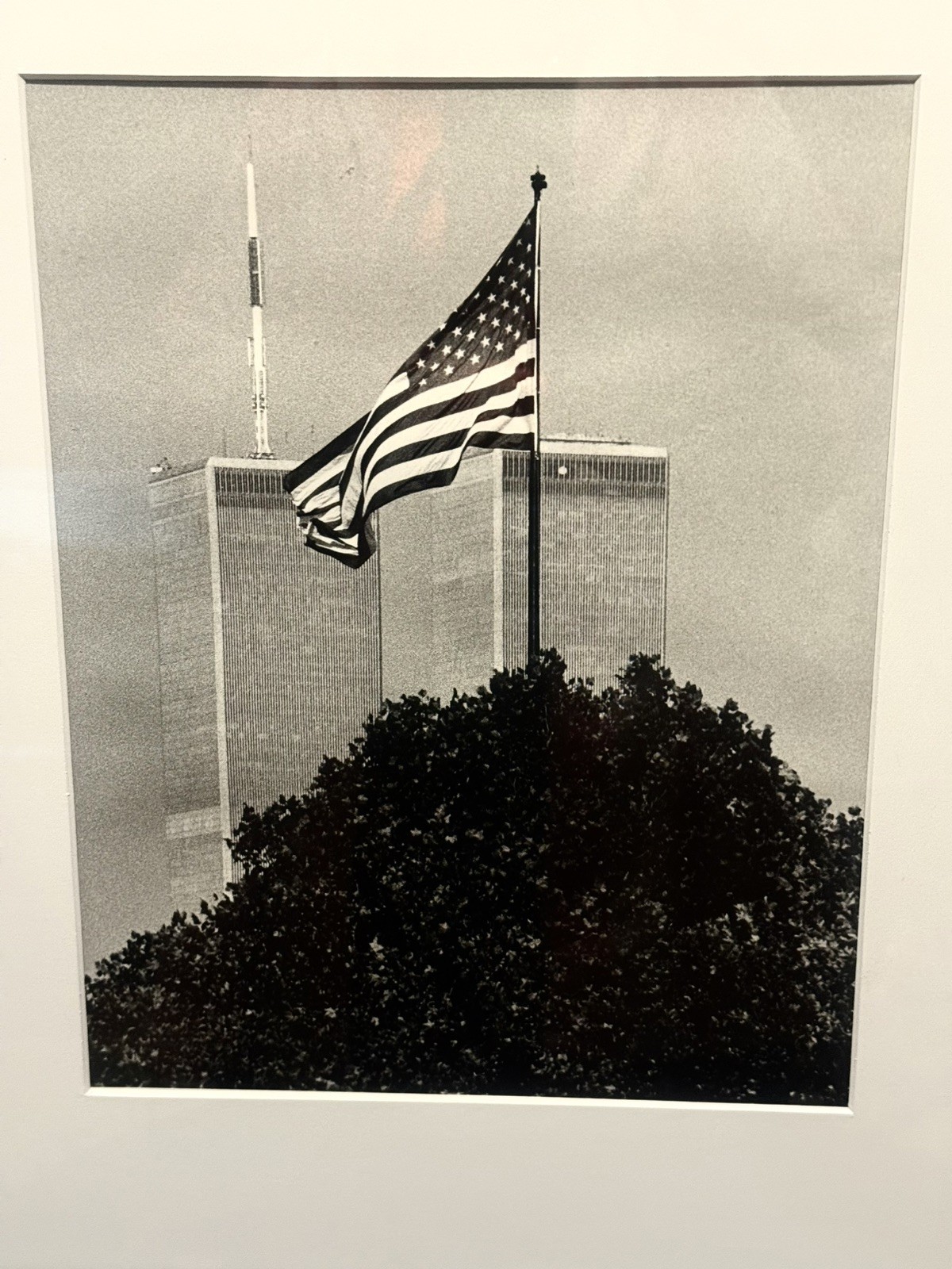 WTC Twin Towers & US Flag NYC Black & White Photo Print Custom Matted & Framed