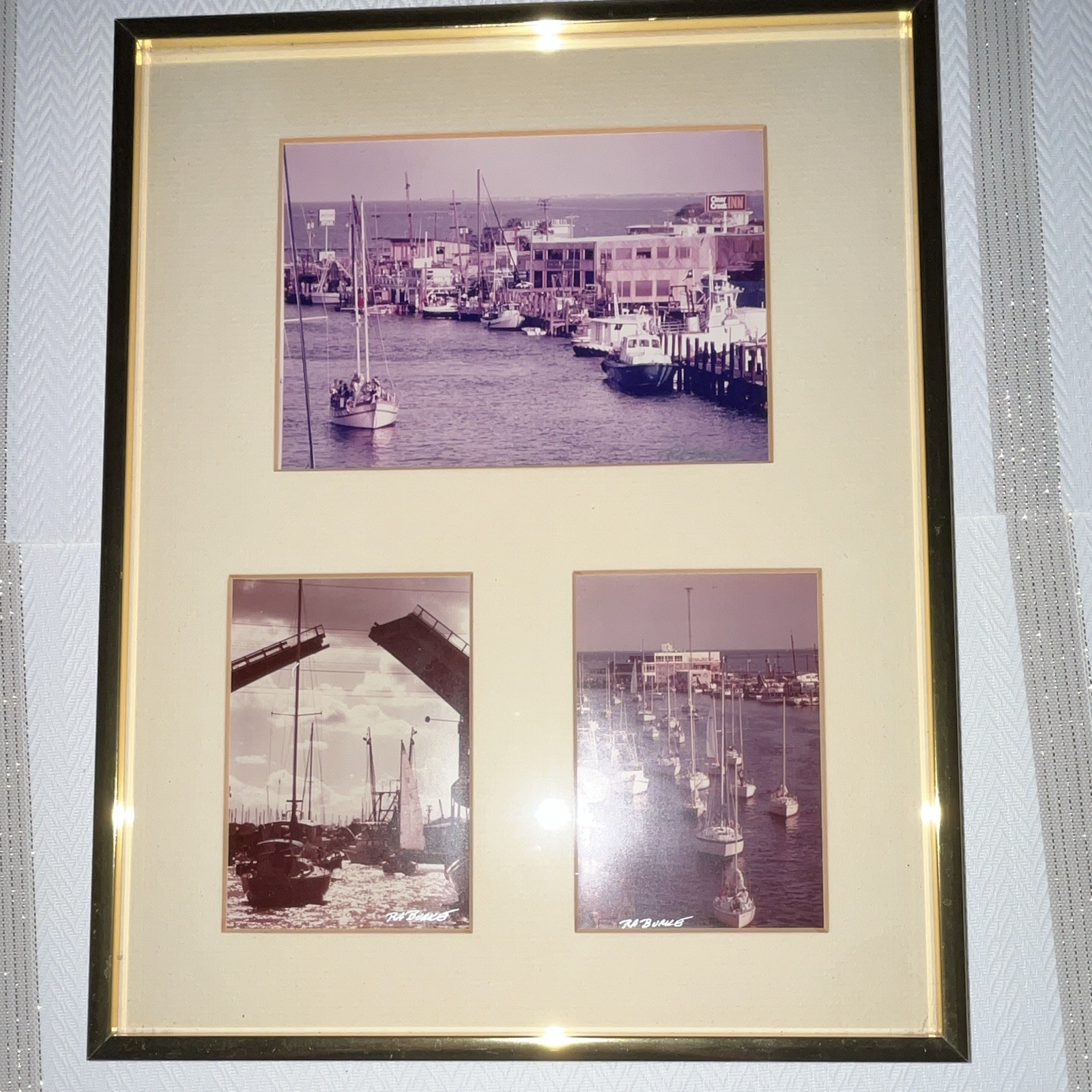 Ruth A. Burke Signed Sepia Marina Harbor Sailboats Photo Set, Matted Framed COA