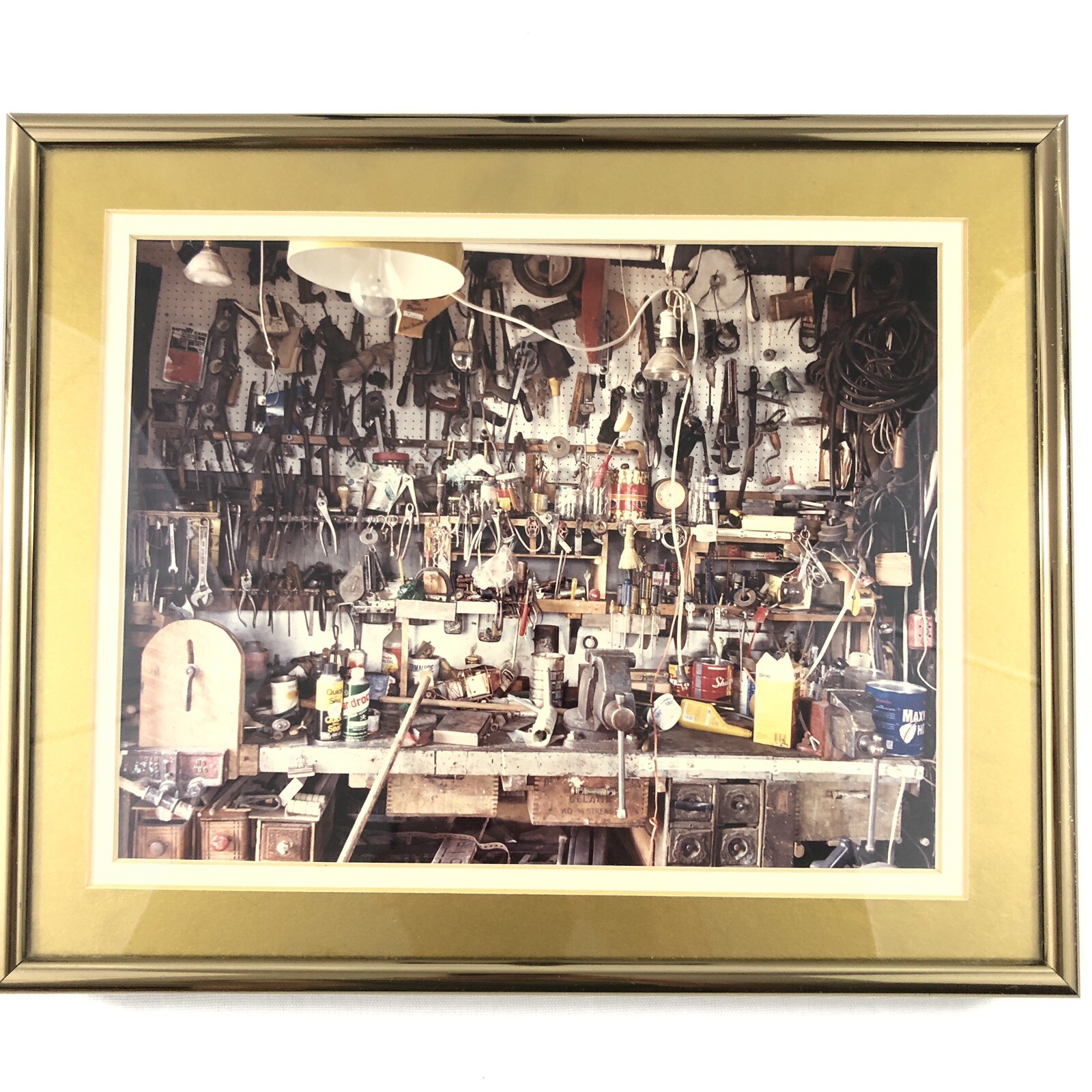 Densely Packed 1970 Workbench Gold Framed Photograph Pegboard Tools 9×11 in