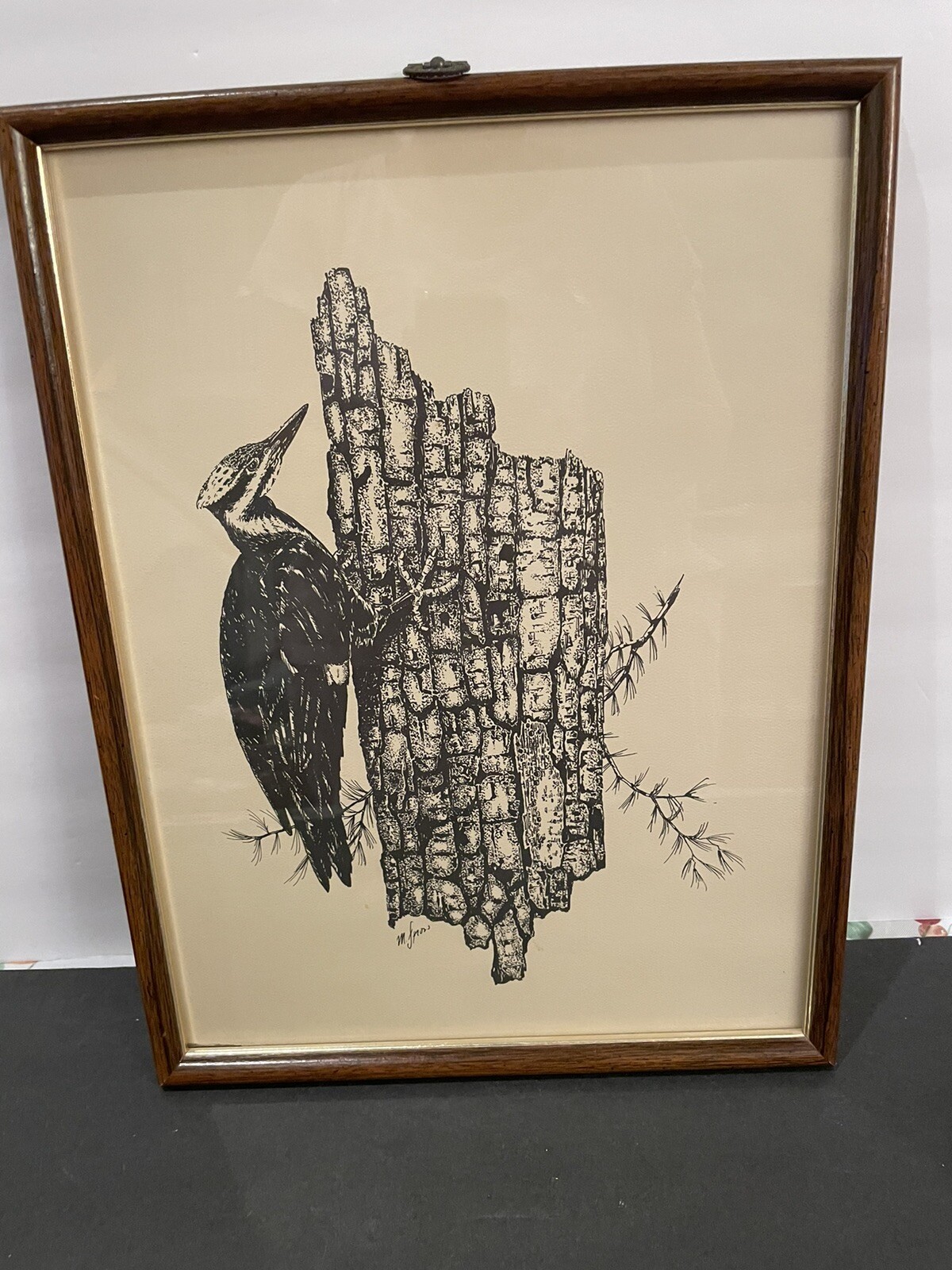 Pleated Woodpecker Forest Nature Block Art Signed Picture 13×17 Preowned