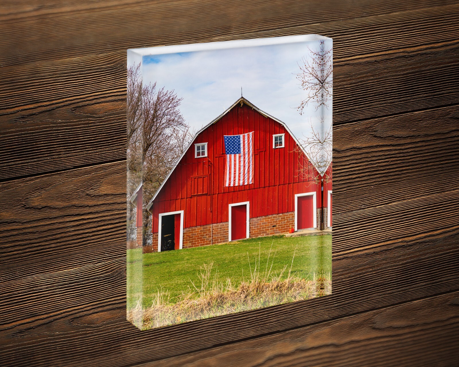 Red barn photography print American flag wall art picture country home decor