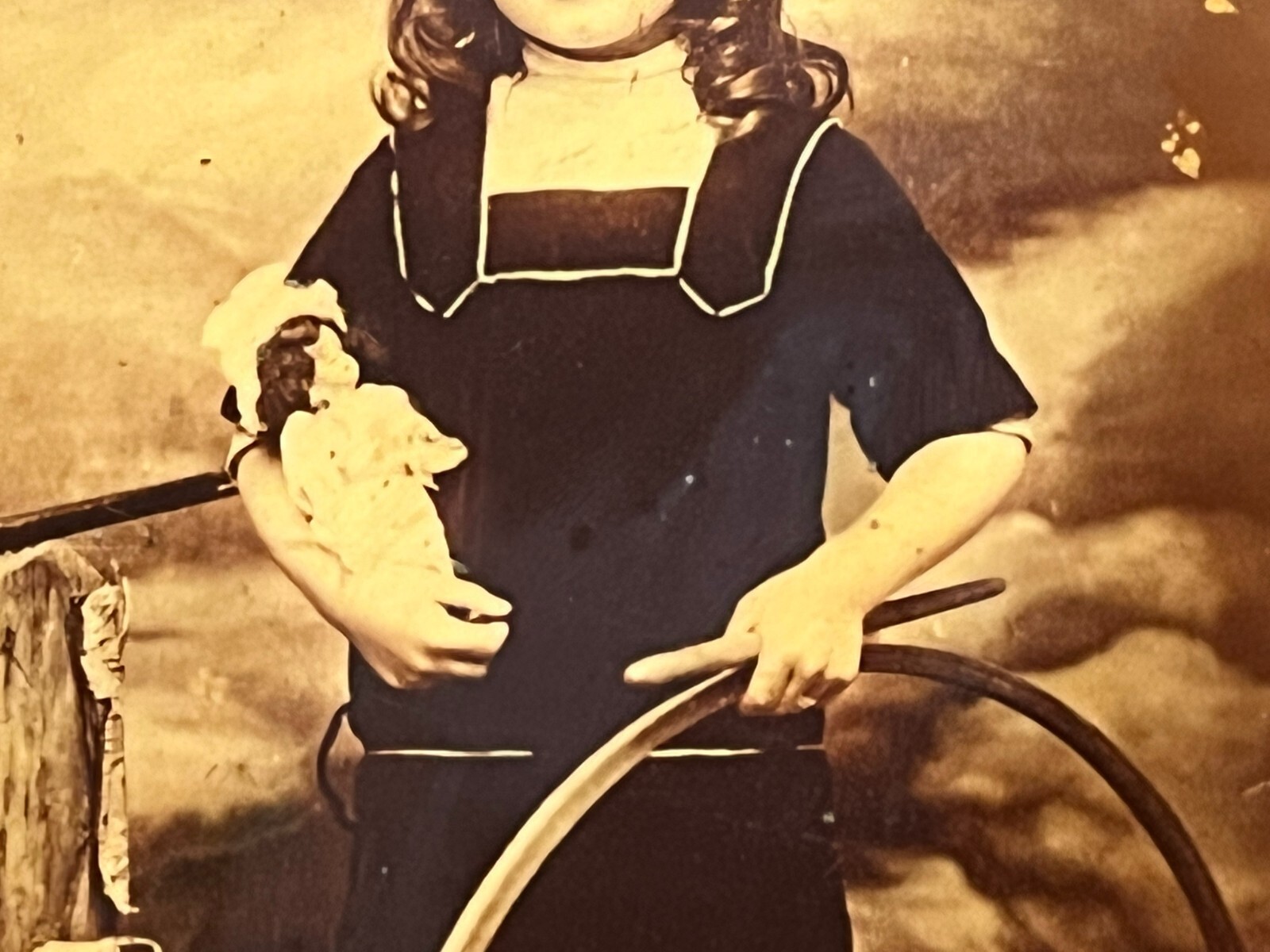 Circa 1900 Celluloid Photo Metal Locket Girl with Doll + Hoop Photo Columbia