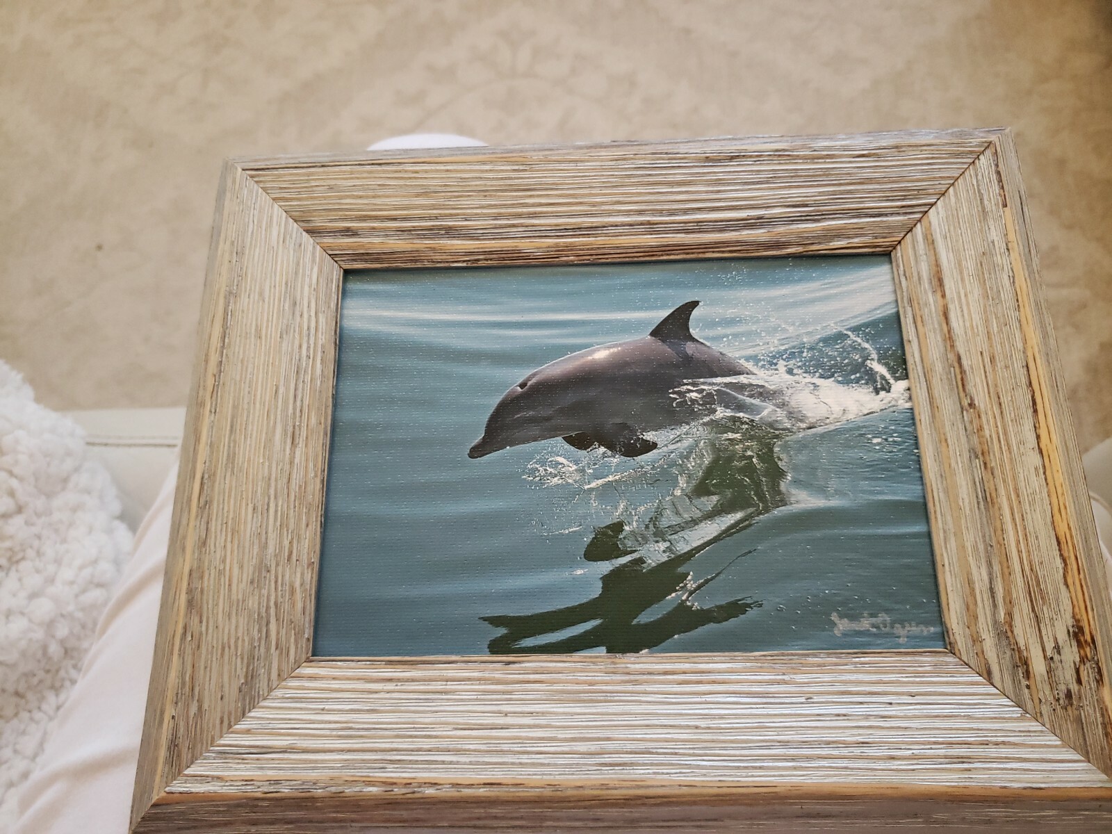 Janet OGREN signed Photography? dolphin ocean, 7×5″, wood frame 10×8 “, as is