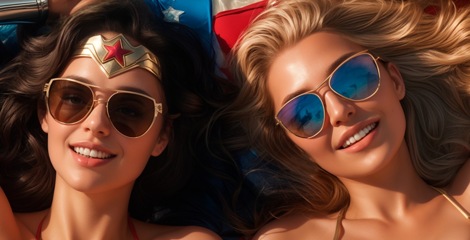 Sexy Wonder Woman and Supergirl in Bikinis Vixen Metal Sign Wall Art 10″ x 14″