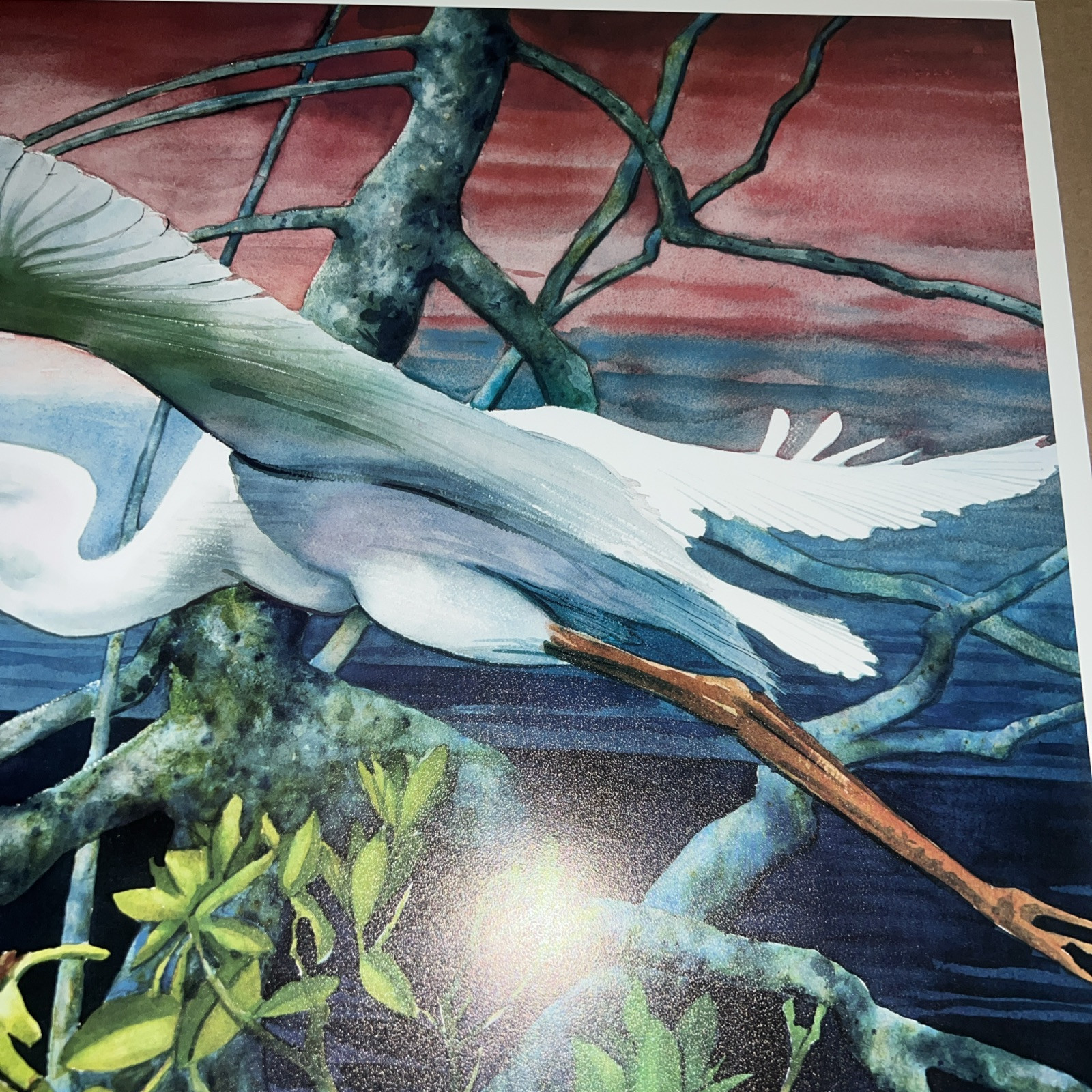 Egret In Flight: Fine Art Print “ Quiet Sunset” Vernon L Good 24.5 X 35” Overall