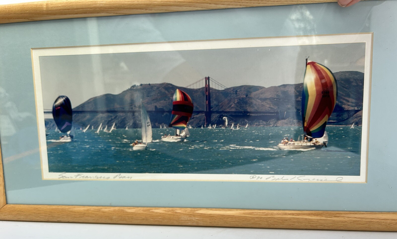 Framed Signed Photograph 1990 San Francisco Bay Bridge Sailboats Boats 20″ x 10″