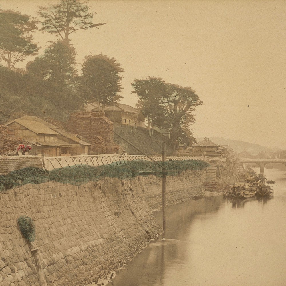 Japan Nagasaki? River Canal Houses Photograph Album Print Partially Coloured Circa 1880