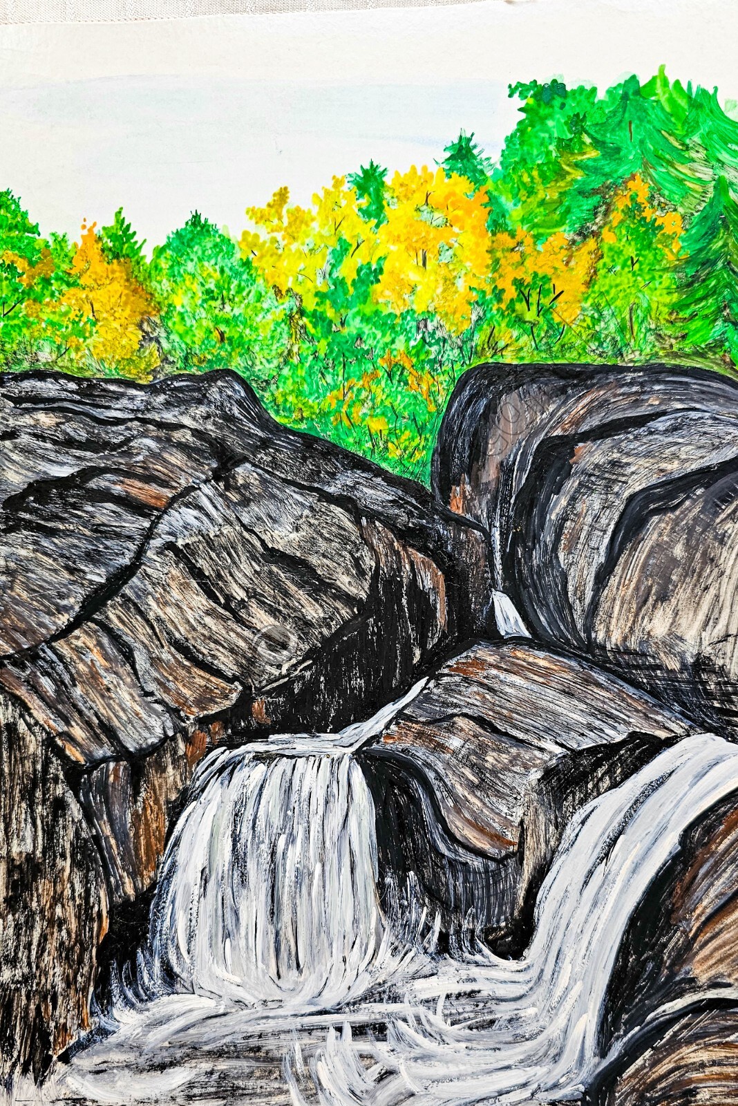 Yellow Aspens & Waterfalls Over Rocks Art Instant DIGITAL Landscape Cottagecore