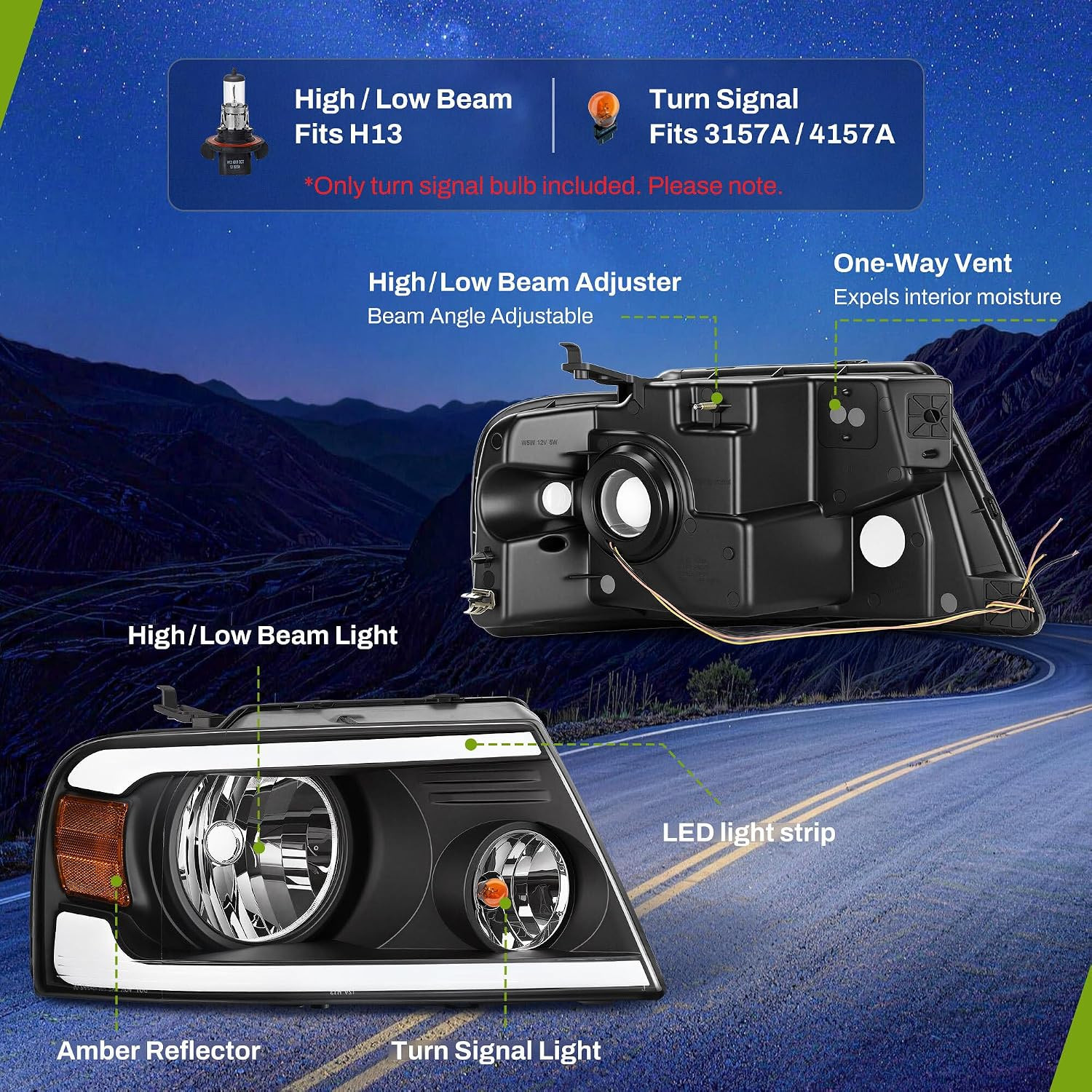 Switchback LED Tube Headlights Assembly Compatible with 2004 2005 2006 2007 2008