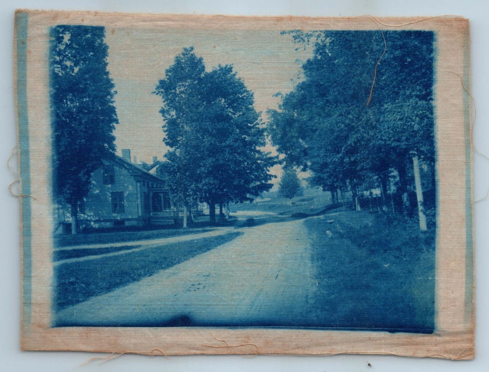 Cyanotype on Fabric Photograph Residential Dirt Road Tree Lined with House