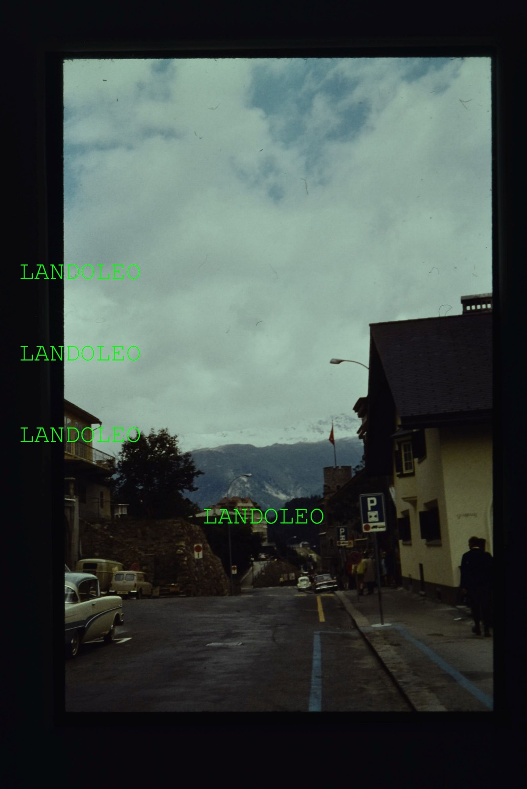 Slide Street Scene Probably Davos 1970s Cars Panorama Mountain Hotel