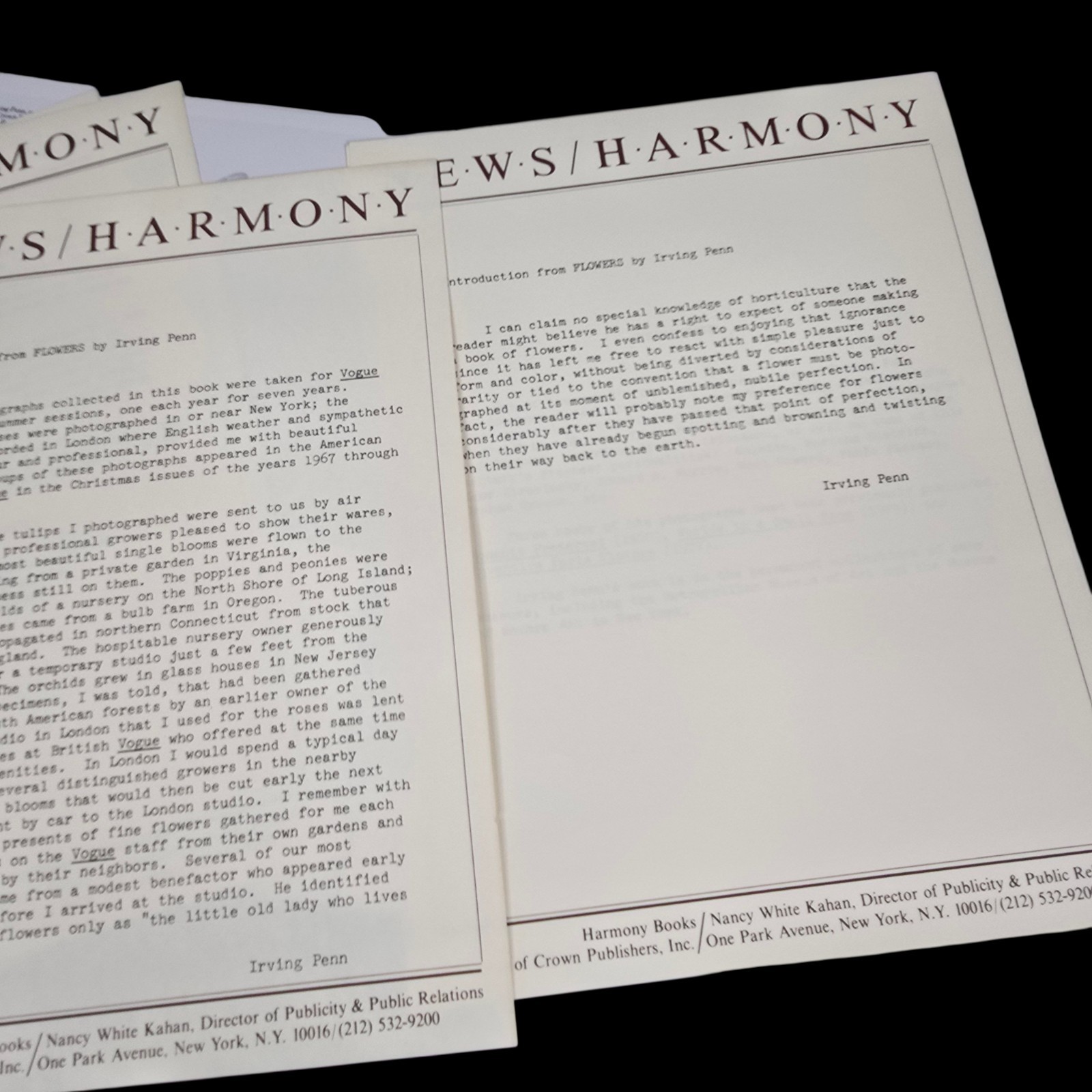 Irving Penn Flowers Press Release With Photos
