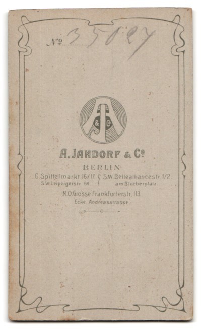 Photograph A. Jandorf & Co., Berlin, portrait fashionably dressed gentleman with Zwic