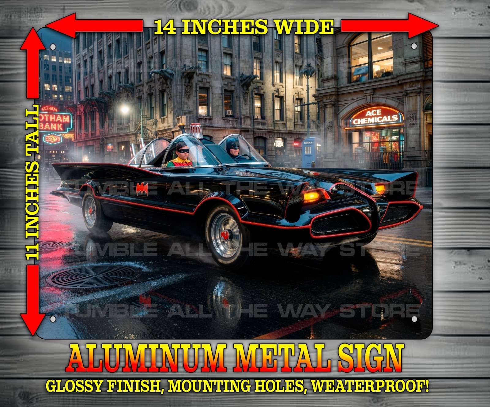Batman 60s with Robin and Batmobile Adam West Metal Sign Wall Art 14×11″
