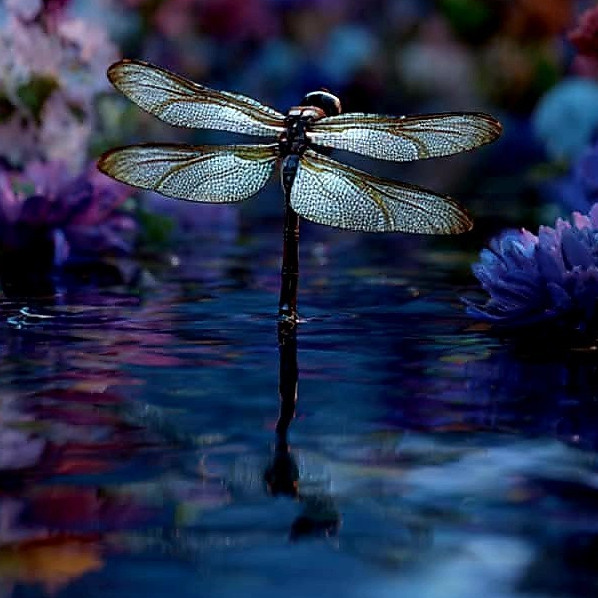 DIGITAL Dragonfly Over Water Flowers Landscape Color Photograph Print Nature