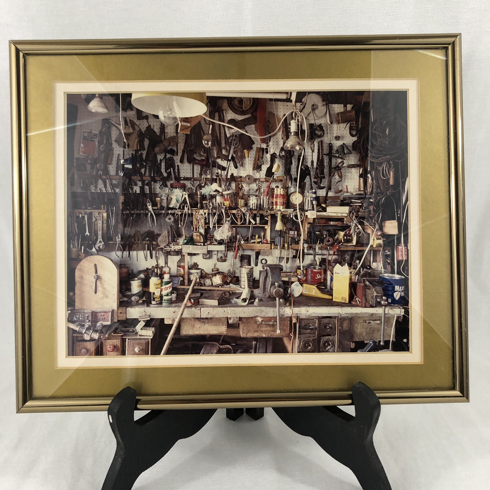 Densely Packed 1970 Workbench Gold Framed Photograph Pegboard Tools 9×11 in