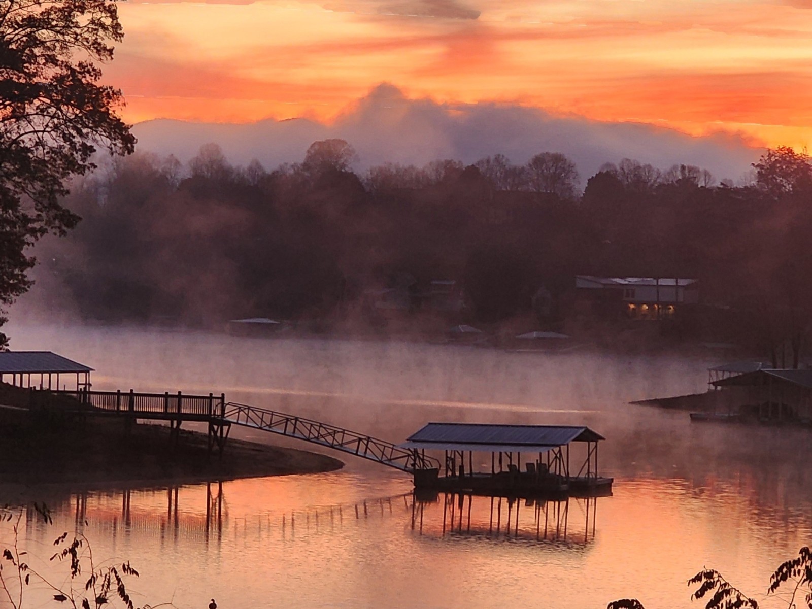 Misty Lake Sunrise Dock Trees Color Landscape Nature Photograph