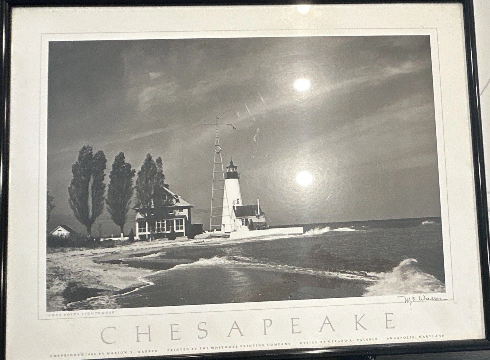 Marion Warren Signed Chesapeake Lighthouse Seascape Photo Framed Matted B&W