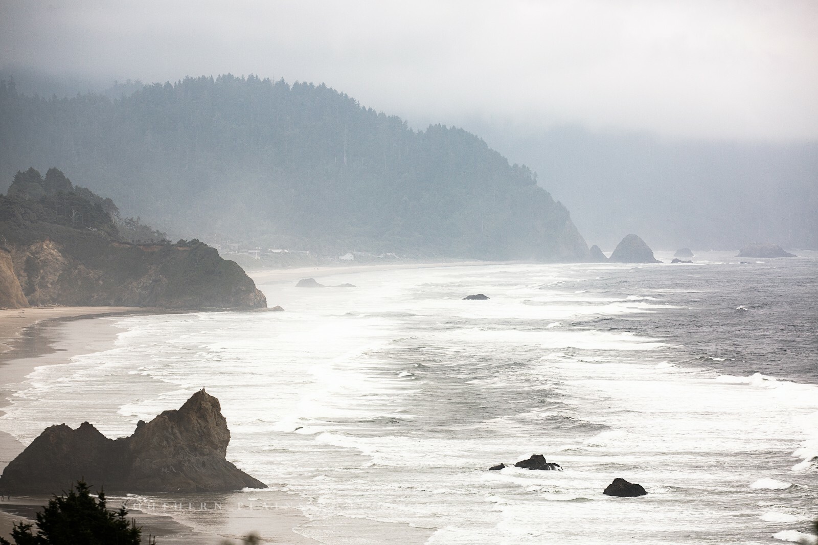 Coastal Photography Print of Waves Crashing on Beach on Foggy Day in Oregon
