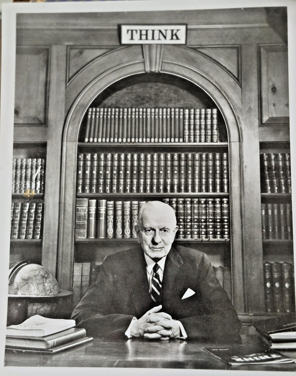 Vintage Photograph of IBM T.J. Watson Sr in front of Think sign at IBM Endicott
