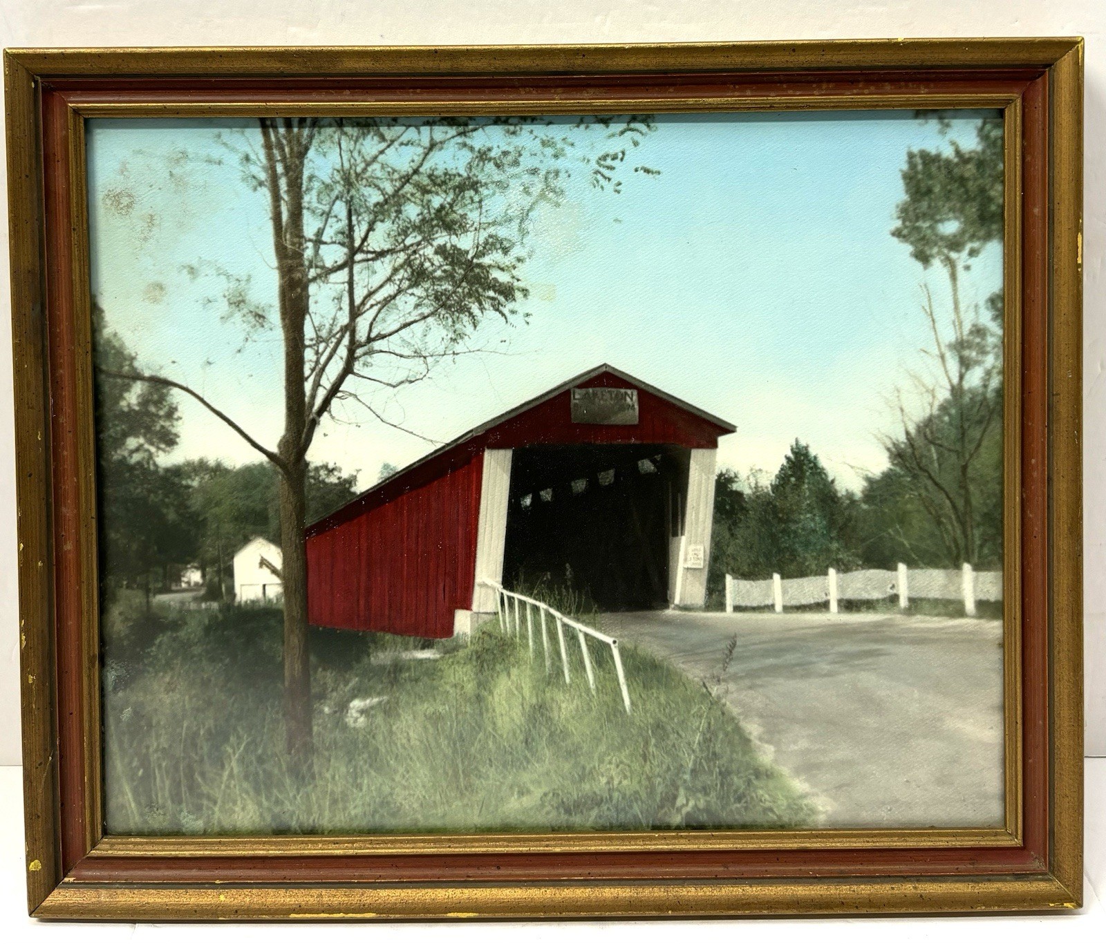 Vintage Hand Colored Photograph Laketon Indiana 1874 Covered Bridge 11 x 14