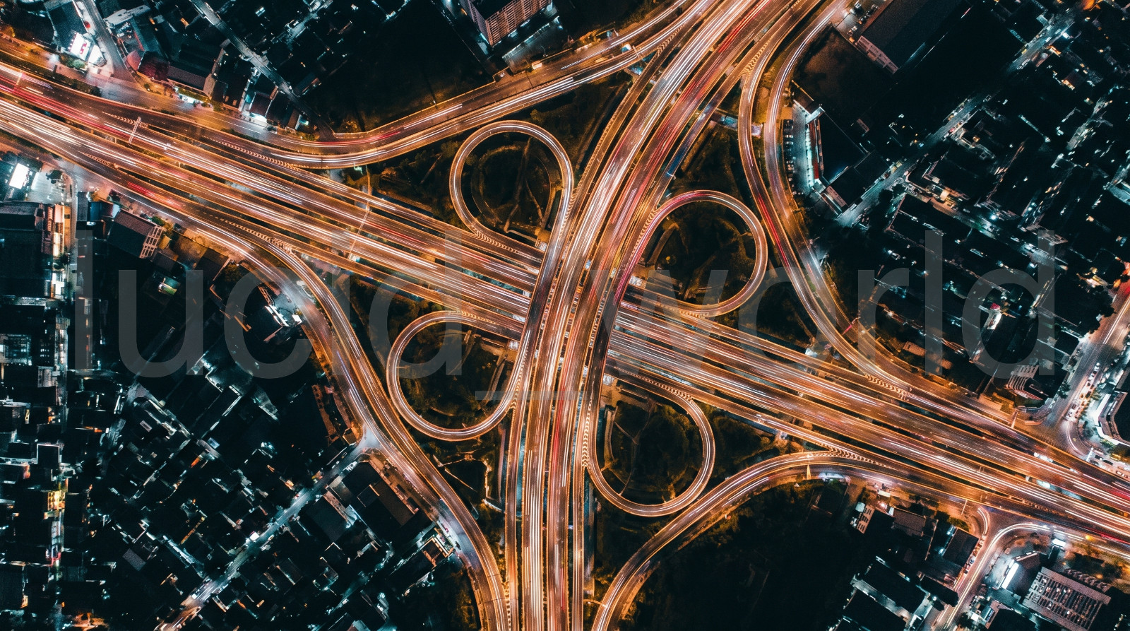 Night Aerial Highway Interchange Urban City Traffic Light Trails Digital Photo