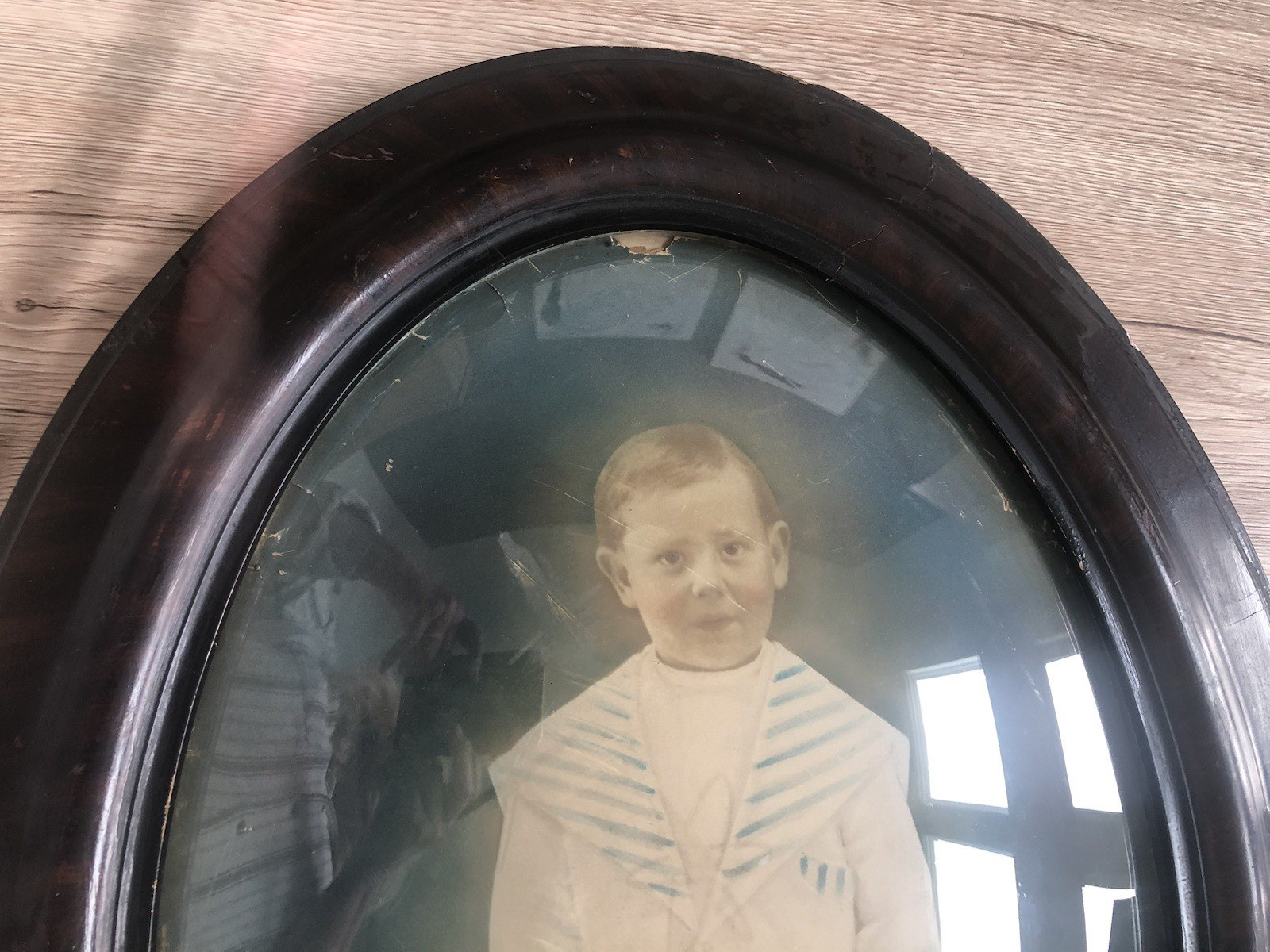 Large Antique Oval Bubble Glass Sepia Photo Child Portrait BOY IN SAILOR SUIT