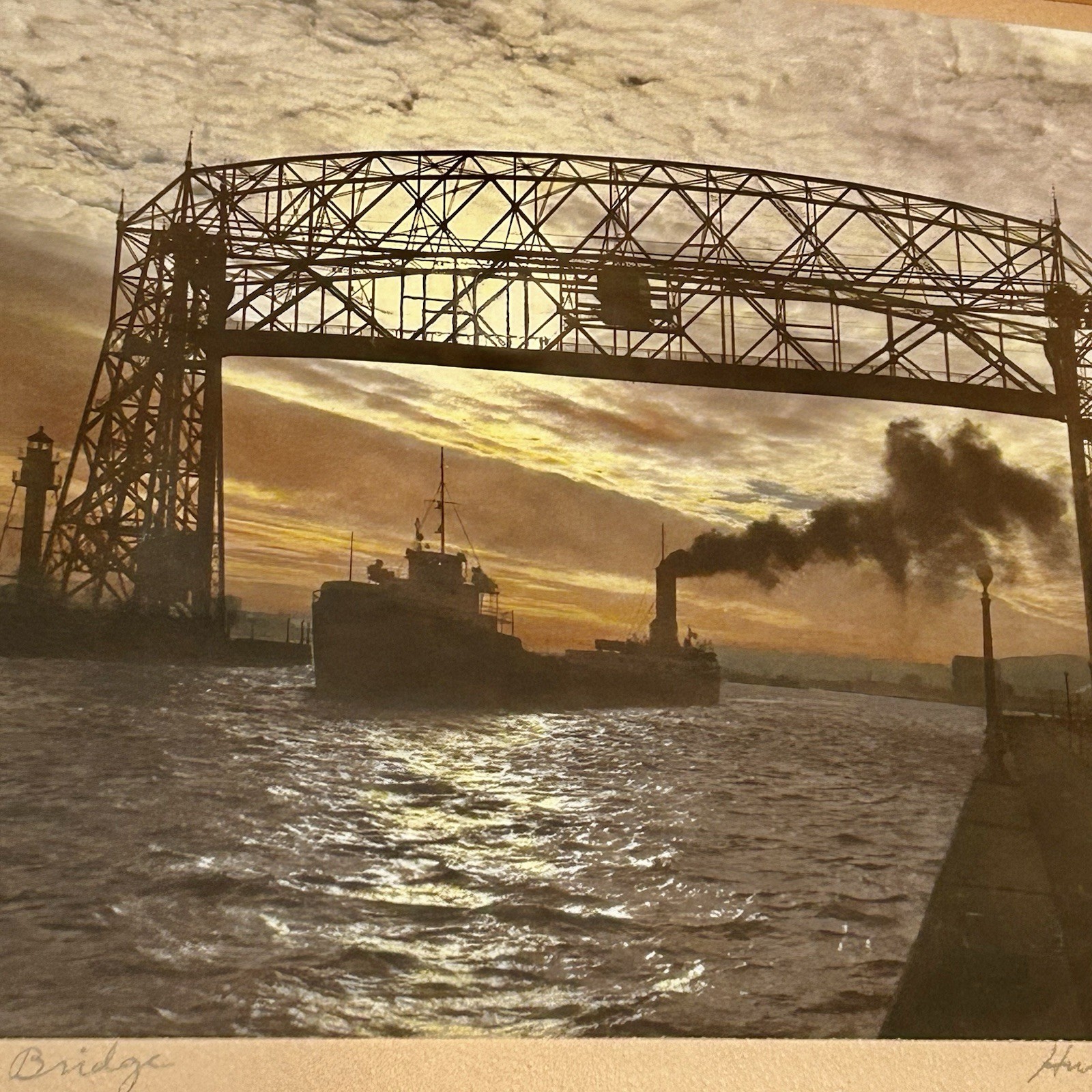 M.J. Humphrey Signed Hand Colored Photo Duluth Aerial Lift Bridge Ship MN 16×14