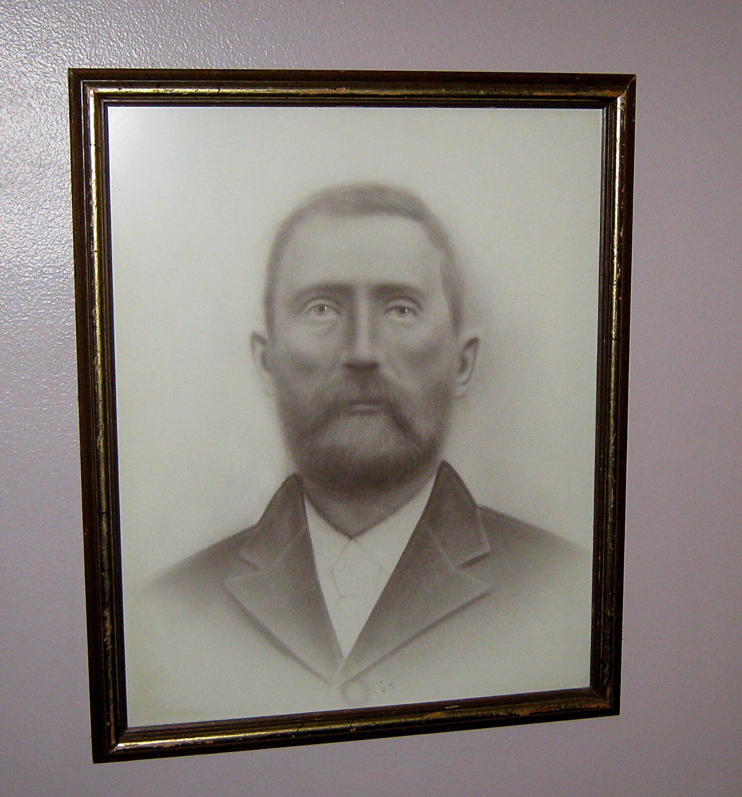 Antique 1890s Wood Framed Black & White Portrait of Man Folk Art Cottage Tavern