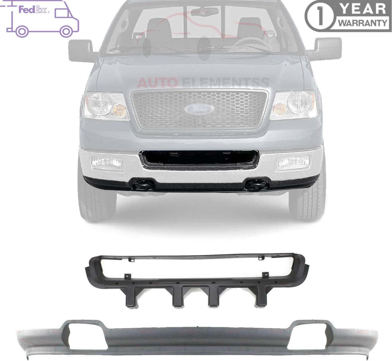 Front Bumper Lower Valance with Tow Hook Holes + Center Trim for 2004-2005 Ford