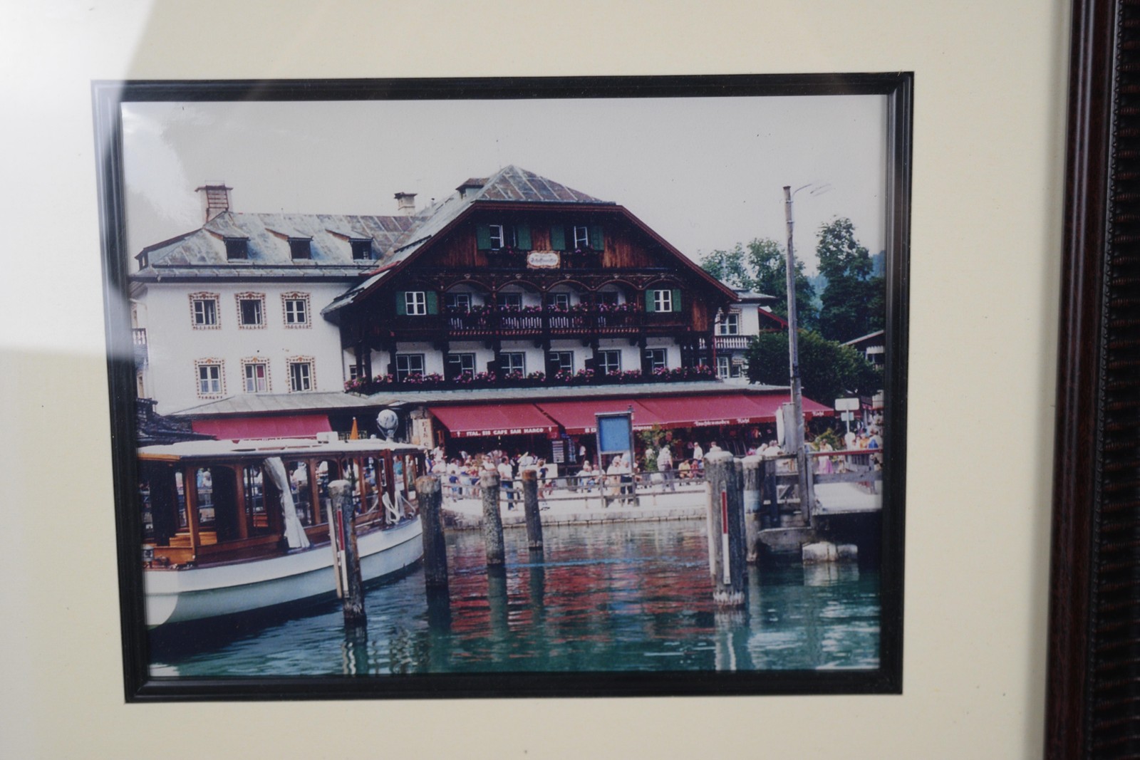 Lakeside Alpine Chalet Boats Pier Framed Matted Color Photo Print Wall Art