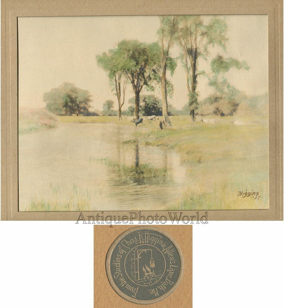 The Pasture Stream grazing cows antique tinted art photo by Charles R. Higgins