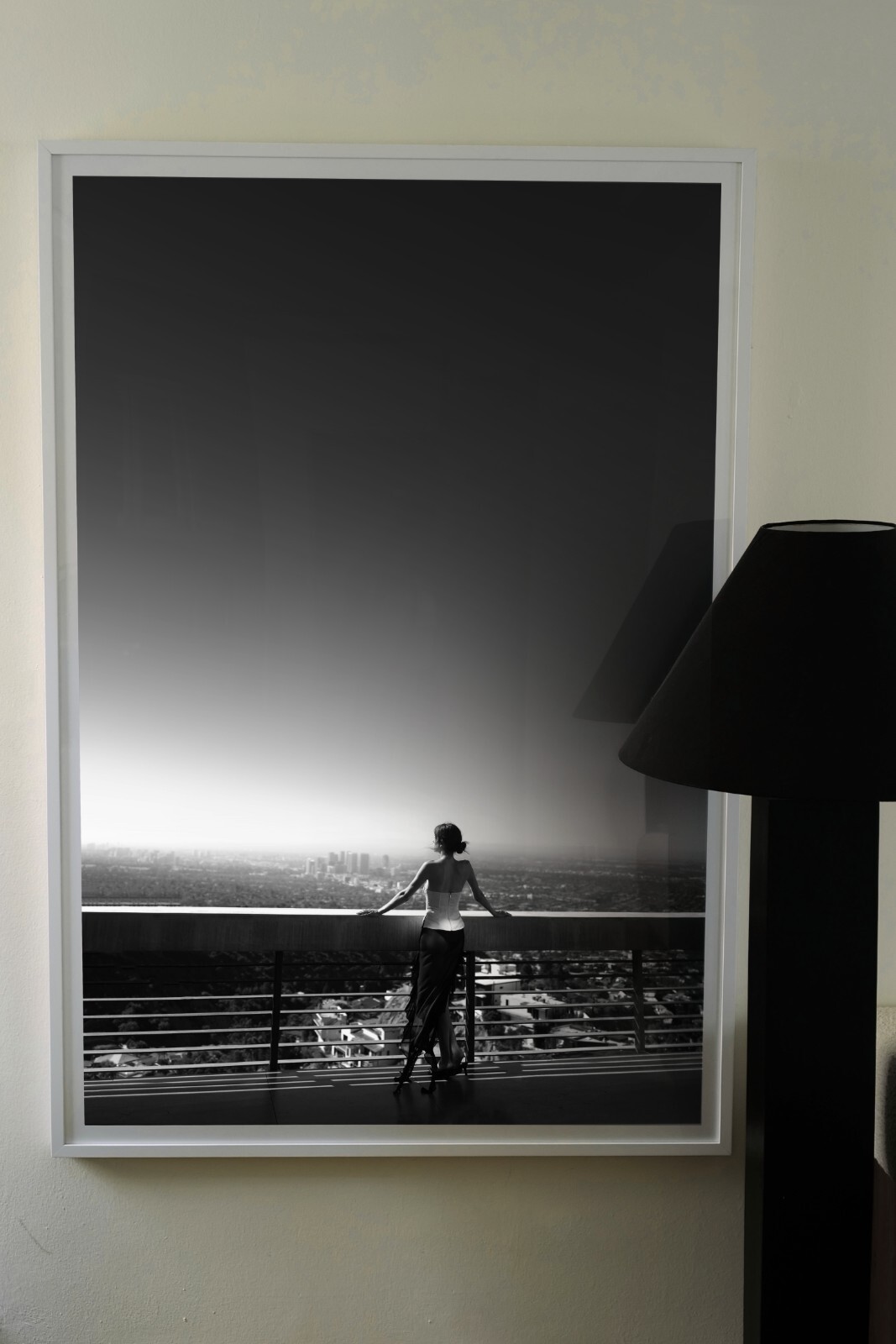 This black and white fine art print of a woman gazing at the Los Angeles