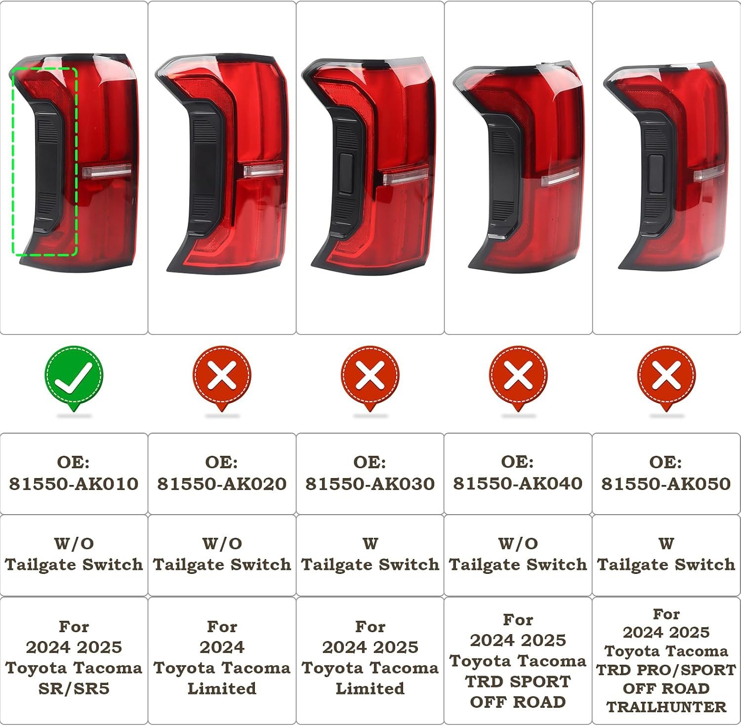 81550-AK010 LH LED Tail Light Fit for 2024 2025 Toyota Tacoma SR/SR5 W/O Tailgat